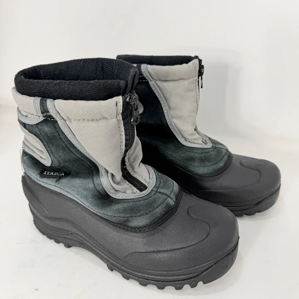 Itasca Kids Grey Black Leather Zip Front Snow Boots 806840 Size 3